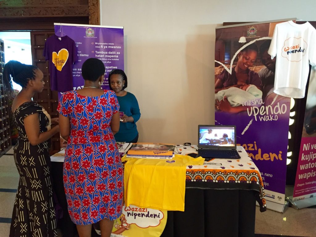 Guests visit the maternal and child health booth at the Tanzania Capacity and Communication Project (TCCP) end of project event.